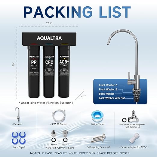 AQUALTRA USF-3F-15 Slightly Alkaline Under Sink Filter System, 8K-40K Gal with Faucet, Reduce PFOA, PFOS, Chlorine, Lead, Mercury, Chloramine, Fluoride, Microplastics Particles, Bad Taste & Odor