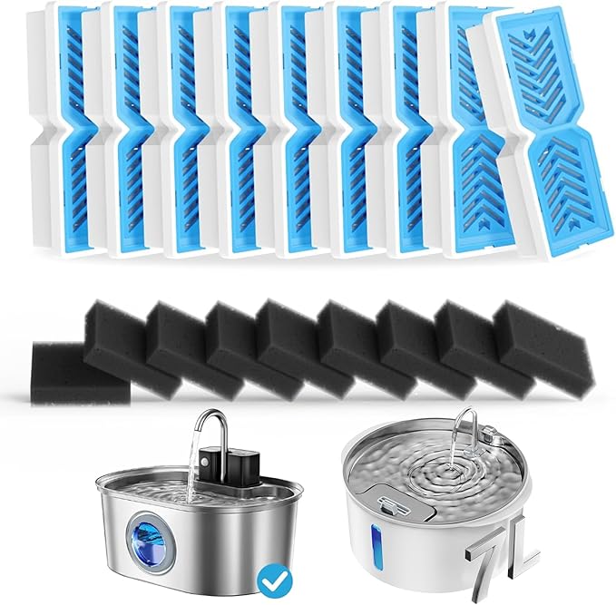 PEKTACO Replacement Water Fountain Filters with Pre-Filter Sponges, Compatible with 412 & 418 Pet Water Fountain, Fits 3.2L & 7L Pet Water Fountains - 9 Pack
