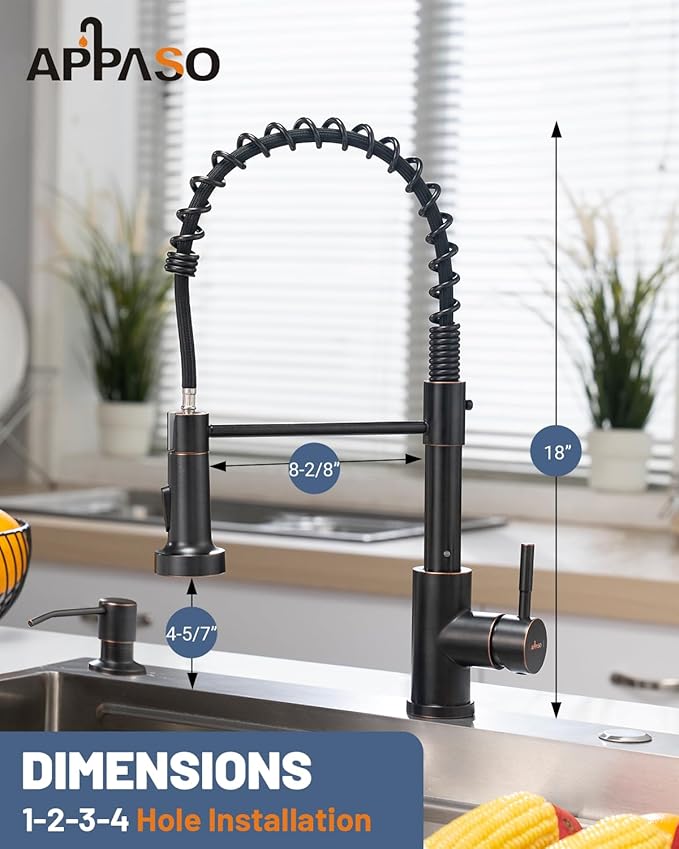 APPASO Bronze Kitchen Faucet with Soap Dispenser, ORB Pull Down Kitchen Sink Faucet, SUS304 Stainless Steel Single Handle High Arc Spring Faucet, Oil Rubbed Bronze