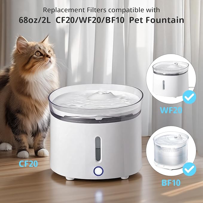 Cat Water Fountain Filter Pet Drinking Fountain Filter Replacement, Compatible with WF20/CF20 | Triple-Layer Filtration System, 6Pack (6 Sponges Included)