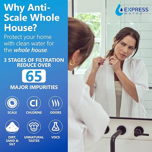 Express Water Whole House Water Filter System, Anti-Scale 3 Stage Home Purifier Prevents Scale Build-Up, Protects Pipes, Appliances with Polyphosphate Filter, Stainless Steel Frame & Pressure Gauges