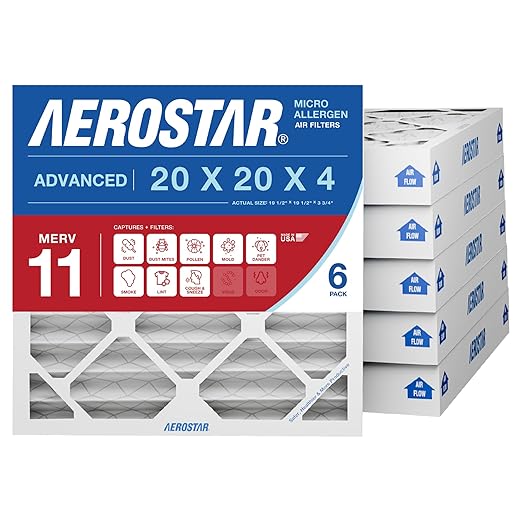 Aerostar 20x20x4 MERV 11 - 6 Count - Pleated HVAC, Furnace & Air Conditioner Filters - Removes Dust, Cold & Flu Germs, Lint, Mold, Pet Dander, Allergy-Causing Pollen, Smog & Smoke