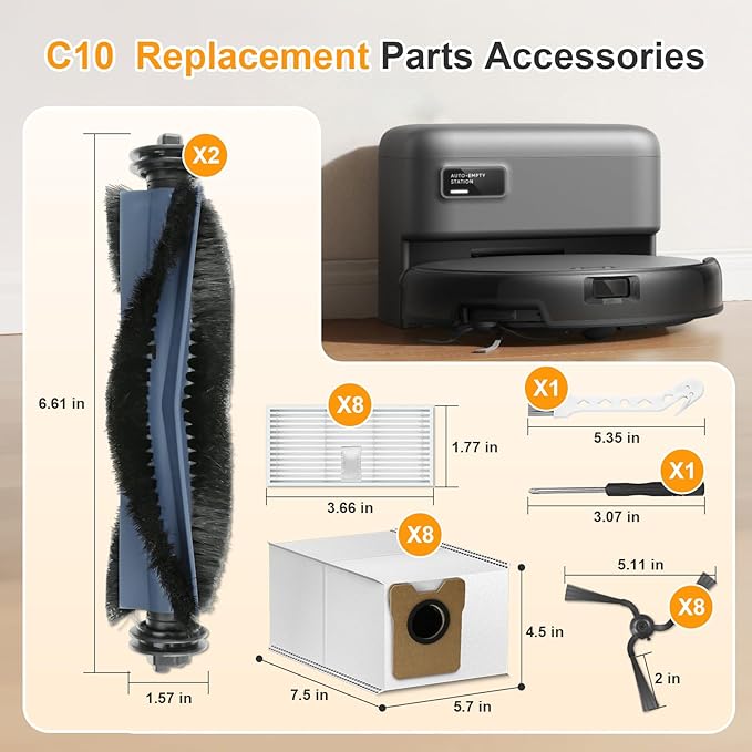 28 Pack Replacement Parts Compatible with Eufy C10 Robot Vacuum, Self Emptying RoboVac Accessories Kit 2 Rolling Brushes, 8 Dust Bags, 8 Side Brushes, 8 Filter Sets