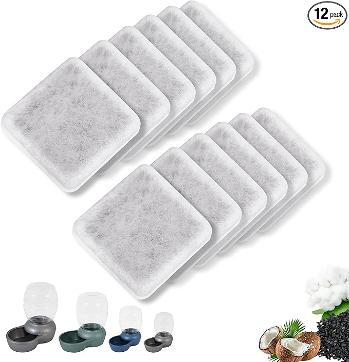 Pet Water Fountain Charcoal Replacement Filters Compatible with Petmate Replendish Mason Gravity Waterers, Automatic Cat Dog Water Bowl Dispenser Filters Replacement(12 Pack)