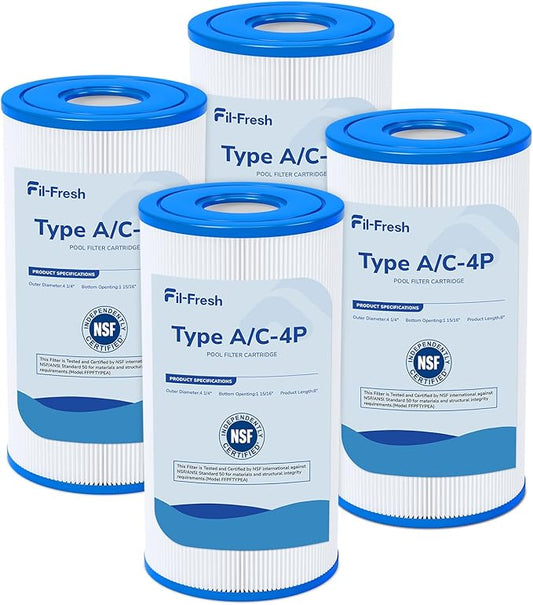Fil-fresh 4 Pack Type A or C Pool Filters Cartridge Compatible with Intex Krystal Clear 530/1000/1500 GPH Filter Pump, Replaces Intex Type A or C, 29000E
