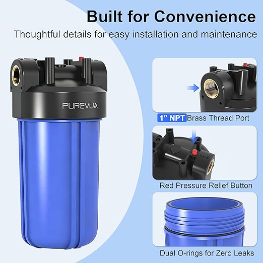 PWB10 Whole House Water Filter Housing, Fits 10” x 4.5” Big Blue Filters, Inline Pre-Filtration System for RV, Home Well and City Water Sediment etc with 1" NPT Port, Pressure Relief Valve