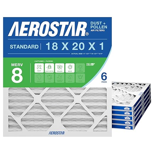 Aerostar 18x20x1 MERV 8 Air Filter, 6 Count, ACTUAL SIZE (17.50 x 19.50 x 0.75), HVAC, Air Conditioning & Furnace Filter Captures Dust, Lint & Pollen (MPR 600 / FPR 5), Made in USA