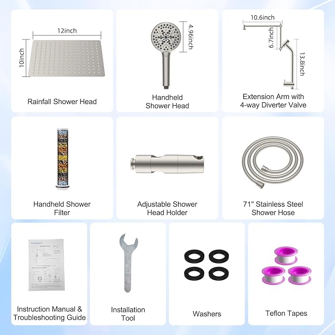 12" All-Metal High-Pressure Rain Shower Head with Handheld- 10-Spray Power Wash with Shower Filter, Easy Reach 4-Way Diverter with Pause Mode, Adjustable 16" Extension Arm/ 71" Hose, Brushed Nickel