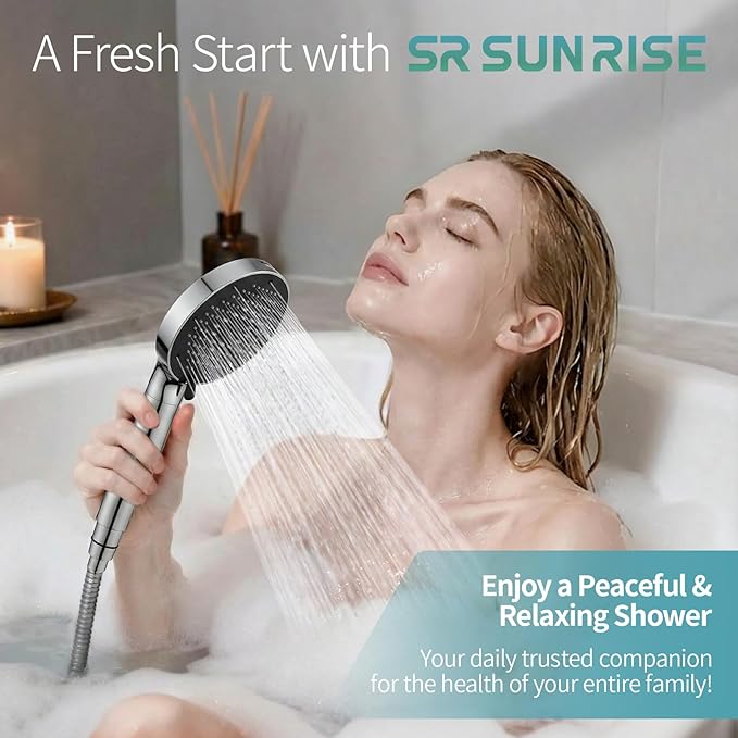 SR SUN RISE NSF Certified Filtered Shower Head with Handheld for Hard Water to Remove Chlorine High Pressure 9-Spray Setting (with Power Wash) Anti-Clog Nozzles (4 Filter, Chrome)