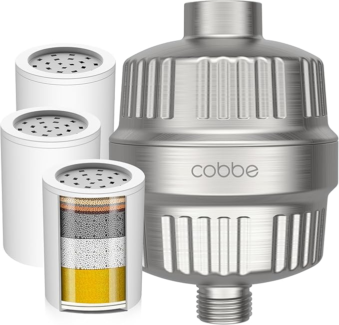 Cobbe High Output Shower Filter for Hard Water - 2 Replaceable Cartridges - Removing Chlorine and Harmful Substance, Dramatically Improves The Condition of Your Skin, Hair and Nails - Brushed Nickel
