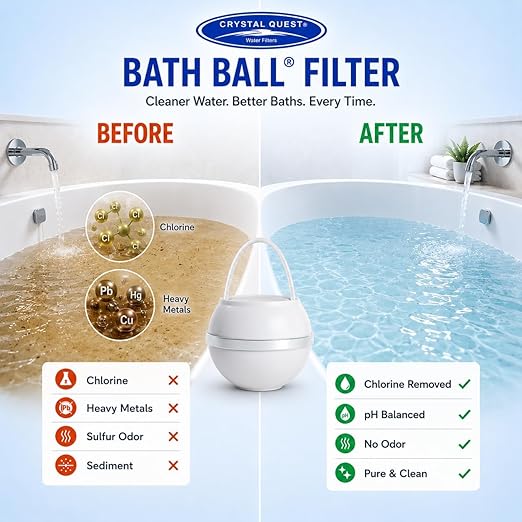 Crystal Quest Bath Ball Filter for Tub Faucet, Bathtub Water Filter, BPA-Free Bathtub Filter, Removes Chlorine, Lead & Impurities, Improves Skin, Hair & Nails, Long Lasting, Fits Most Tubs - White