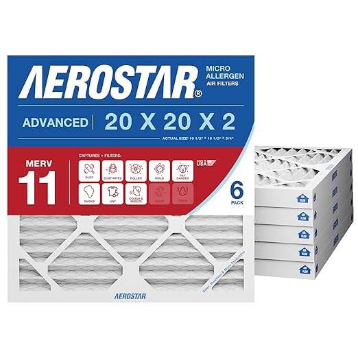 Aerostar 20x20x2 MERV 11 - 6 Count - Pleated HVAC, Furnace & Air Conditioner Filters - Removes Dust, Cold & Flu Germs, Lint, Mold, Pet Dander, Allergy-Causing Pollen, Smog & Smoke