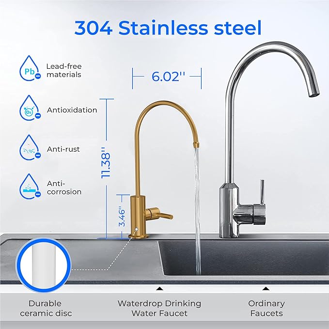 Waterdrop G2FCT-Gold Drinking Water Faucet, Reverse Osmosis Faucet, Water Filter Faucet for Kitchen Bar Sink, Single Handle, Easy to Install, Lead-Free, Stainless Steel, Brushed Gold