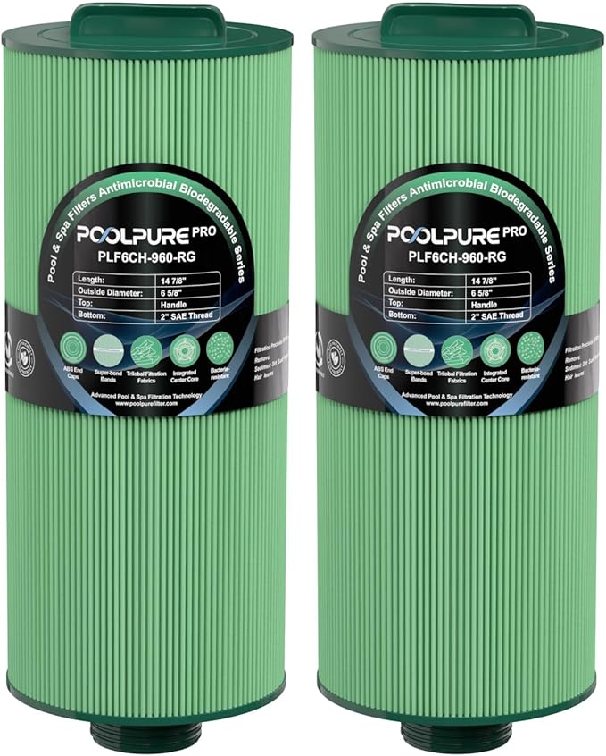 POOLPURE 6CH-960 Antimicrobial Spa Filters, Compatible with PJW60TL-F2S, Jacuzzi J-300, J400, Unicel 6CH-960, FC-2800, 6540-476, 6540-383, Hot Tub Filter with Closed Handle
