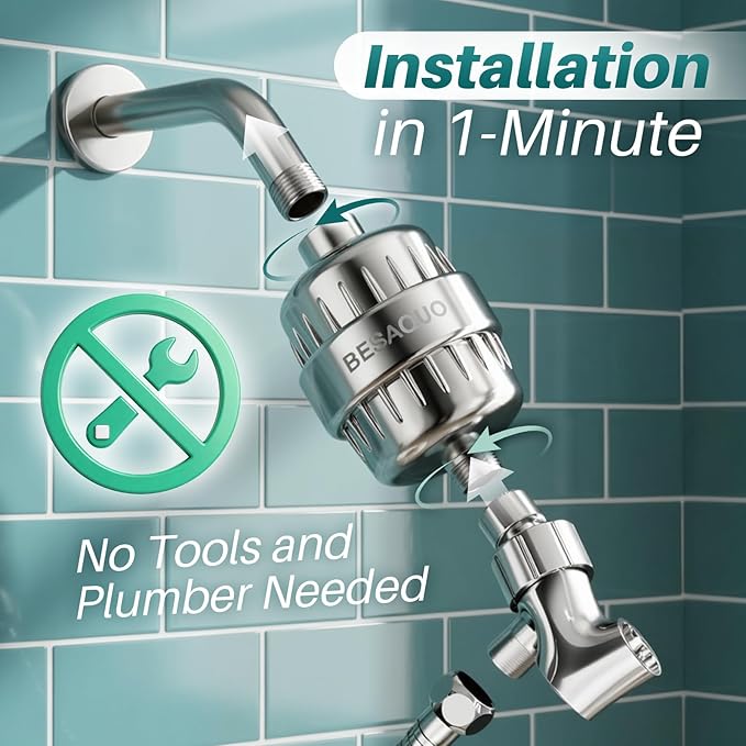 BESAQUO Shower Filter Head for Hard Water, Remove Chlorine, Heavy Metals, for Softer Skin, Shinier Hair and Stronger nails, with 20 Filtration Stages (Premium Chrome)