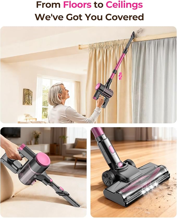 UML0 N8 Cordless Vacuum Cleaner,Lightweight Stick Vacuum with Powerful Suction,2200mAh Battery,40 Mins Runtime, Self-Standing,Rechargeable Vacuum Cleaners for Home Hardwood Floor Pet Hair (Blush)