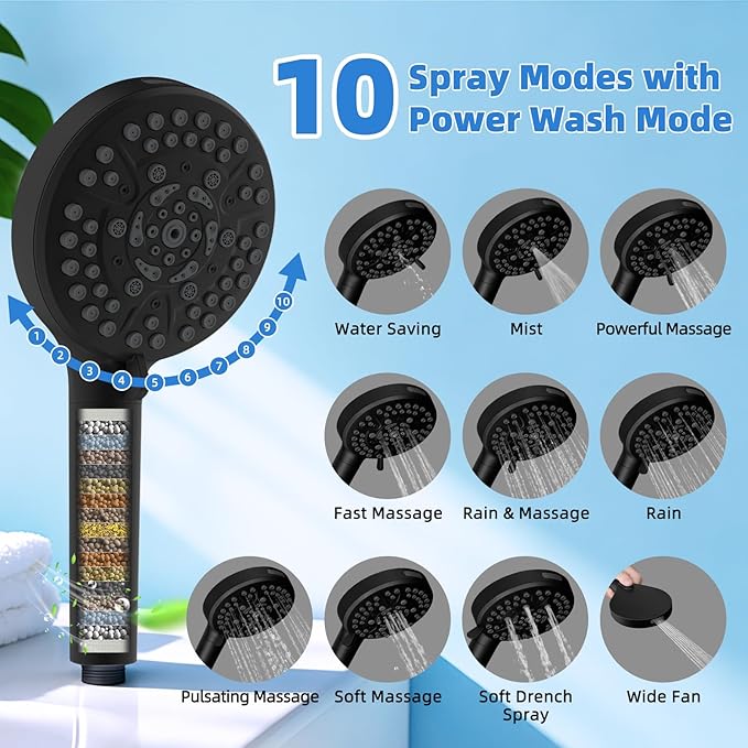 Metal Black 10" High-Pressure Rain Shower Head with Handheld - 10-Spray Power Wash with Filter Element, Easy Reach 4-Way Diverter with Pause Mode, Adjustable 16" Extension Arm/Holder/ 71" Hose