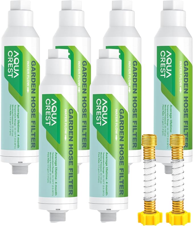 AQUA CREST Garden Hose Water Filter for Plants, Greatly Reduces Chlorine, Odor, Improve Plants Health, Ideal for Organic Gardening, Farming and Pets, 6 Pack with 2 Hose Protector