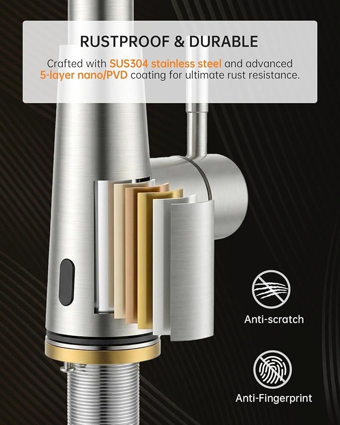 APPASO Touchless Kitchen Faucet with Soap Dispenser and Pull Down Sprayer 2 Modes, Brushed Nickel Motion Sensor Hands-Free Sink Faucets with cUPC Certified Water Hoses No Lead, S304 Stainless Steel