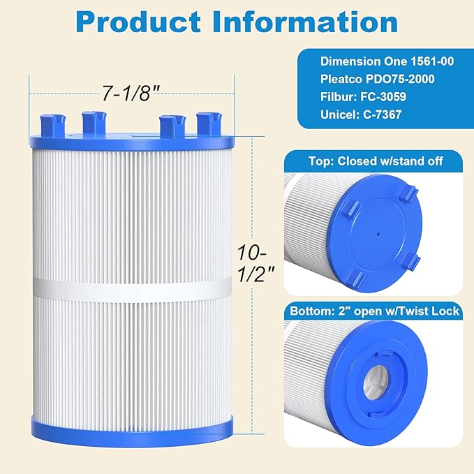 ROYOR Hot Tub Filters Replacements for Dimension One Spa Filter 1561-00, Hot Tub Filter Compatible with PD075-2000, C-7367, FC-3059, Baleen AK-60035, 75 Sq.Ft. 2 Pack