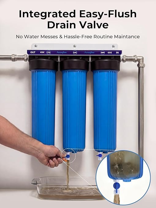 3-Stage Whole House Water Filter System, 20x4.5 Inch, Dual Carbon (GAC & CTO) for Max Chlorine & Odor Reduction, 1" NPT Brass Ports, Drain Valves & Install Kit