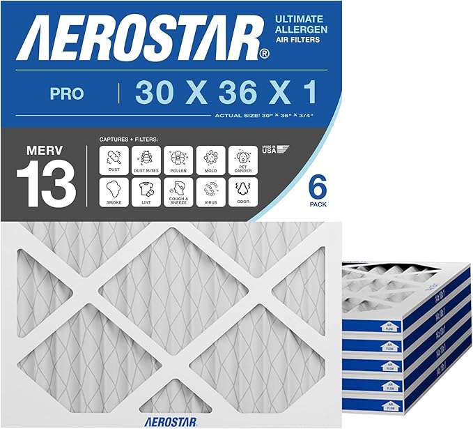 Aerostar 30x36x1 MERV 13 Pleated Air Filter, 6 Pack, AC Furnace Filters, HVAC Filter, Air Conditioner Filters, Heater Filters Replacement for Home (Actual Size: 30x36x0.75)