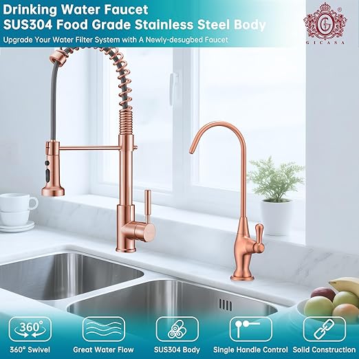Sink Drinking Water Faucet, Sink Water Filter System, Suitable for Most Reverse Osmosis or Water Filtration Systems, Stainless Steel Reverse Osmosis Faucet for Kitchen Bar, Red Copper