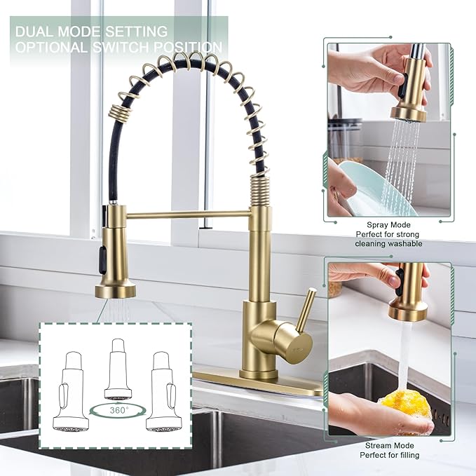 WEWE Brushed Gold Kitchen Faucet with Pull Down Sprayer, RV Brass Kitchen Faucet Stainless Steel Single Handle Spring Faucet with Deck Plate for Farmhouse Utility bar Laundry Sinks