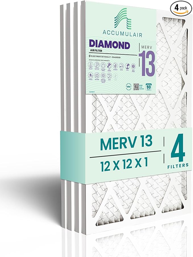 Accumulair Diamond 12x12x1 MERV 13 HVAC Air Filter (4-Pack) | Replacement Air Filter for AC and Furnace | Made in USA | Actual Size 11.75 x 11.75 x 0.75