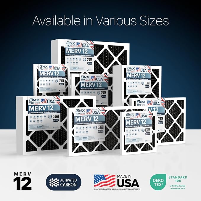BNX TruFilter 16x24x1 MERV 12 Odor Defense (4-Pack) AC Furnace Air Filter with Activated Carbon - MADE IN USA - Pleated Air Conditioner HVAC AC Furnace Filters - Removes Odor, Mold, Bacteria, Smoke