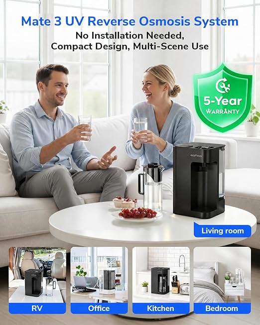 Mate 3 UV Reverse Osmosis Water Filter Countertop, 3:1 Pure to Drain, Autofill Pitcher, No Installation Water Purifier, Portable 9 Stage RO Water Filtration with Remineralization, Self-Cleaning, Black
