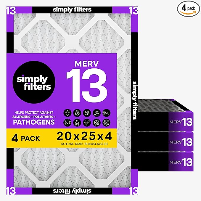 Simply 20x25x4 Air Filter, MERV 13, 4 Pack, Furnace Air Filter for HVAC (Actual Size:19.5"x24.5"x3.63") DUST, Pet, & Allergy Control
