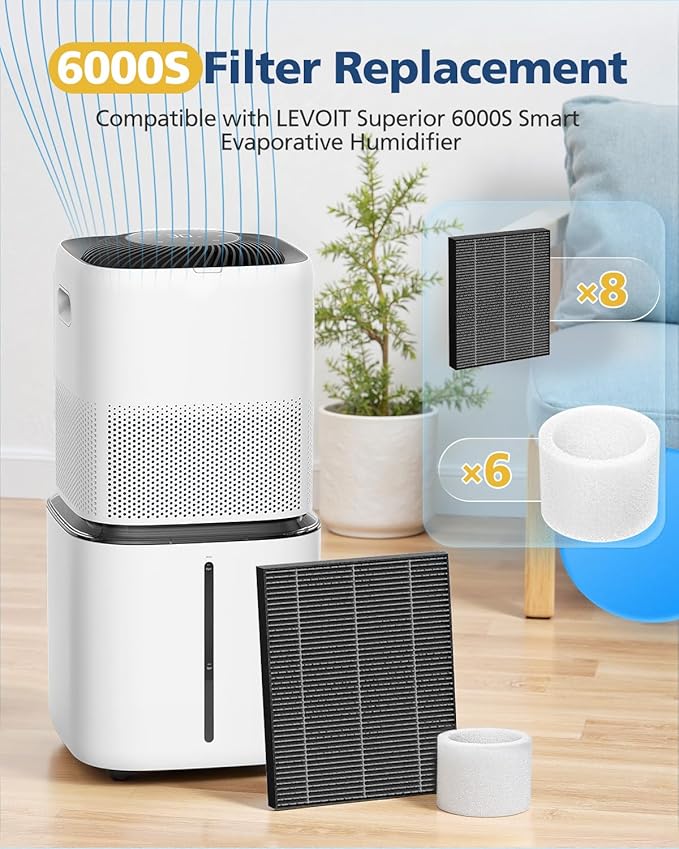 6000S Filter Replacement Compatible with LEVOIT Superior 6000S Smart Evaporative Humidifier, 8 Pack Wick Filters+ 6 Pack Top Fill Filters, Gray