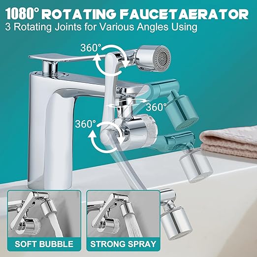 1080° Rotating Faucet Extender & Water Filter, 2-Spray Mode Aerator with Robotic Arm, Universal 3-Size Fit, Removes Chlorine & Impurities for Skin Care & Kitchen