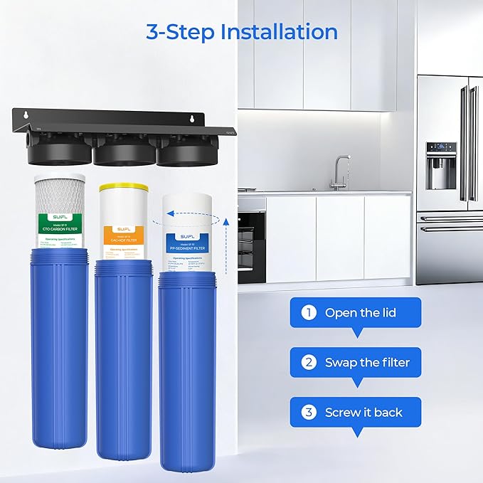 4.5 * 20” 3 Stage Whole House Water Filter Set, Compatible with SimPure DB20P-3, iSpring WGB32B-KS, F3WGB32BKS, HQUA WF3-01, Express Water FLTWH2045CGS1, Pack with PP, GAC and CTO Filter, 1 Set
