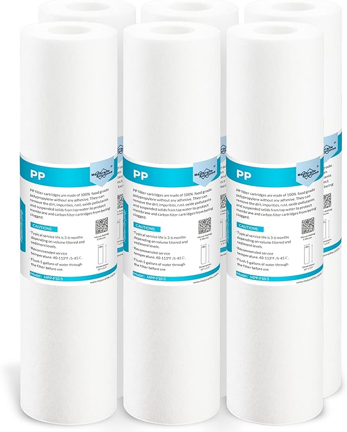 Membrane Solutions 5 Micron 10" x 2.5" Sediment Water Filter Replacement Cartridge for Water Filter 10 x 2.5 inch Whole House Water System, Compatible with GE FXUSC, AP110, WHKF-GD05-6 Pack