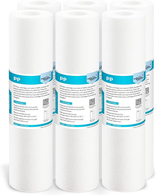 Membrane Solutions 5 Micron 10" x 2.5" Sediment Water Filter Replacement Cartridge for Water Filter 10 x 2.5 inch Whole House Water System, Compatible with GE FXUSC, AP110, WHKF-GD05-6 Pack