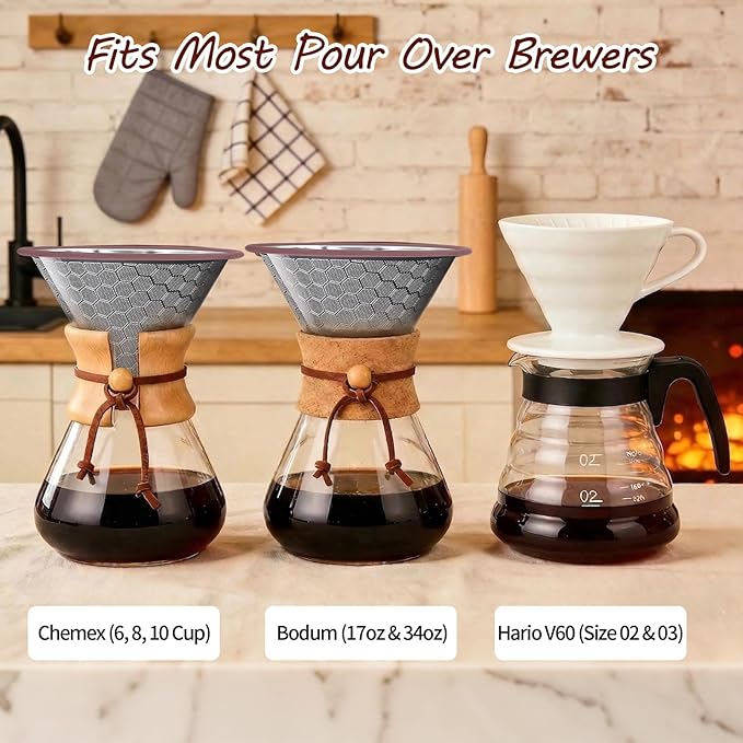 Chemex Coffee Filter, Reusable 600 Mesh Double Layer Stainless Steel Pour Over Filter - Compatible with Chemex 6/8/10 Cup, Hario V60 02/03, Bodum - Universal Coffee Dripper