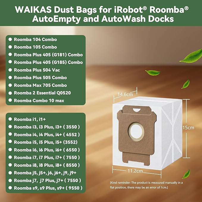 WAIKAS 18 Pack Vacuum Bags for iRobot Roomba 104 105 405 504 505 507 705 Combo 10 Max, i7 i7+ i3+ i4+ i5+ i6+ i8+ j5+ j6+ j7+ j8+ j9+ s9+, i s j Vac Series, All Clean Base Automatic Dirt Disposal Bags