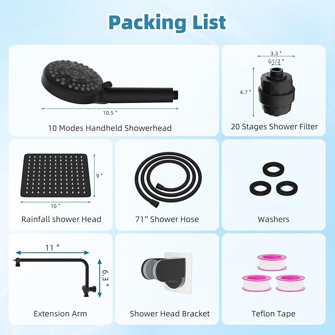 Filtered Shower Head, 10" High Pressure 10-Spray Handheld/Rainfall Shower Head Combo with 20 Stage Shower Filter, 11" Shower Extension Arm, 71" Hose, Shower Head Holder, Matte Black