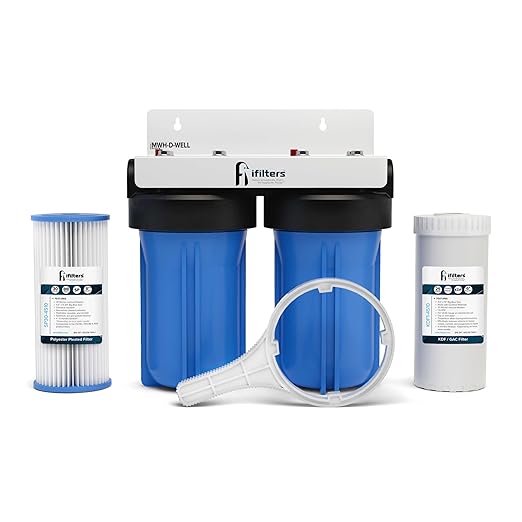 iFilters Dual Stage 4.5” x 10” Whole House Well Water Filtration System | Complete Commercial Grade System | Sediment and KDF/GAC Big Blue Filter | Removes Sediment, VOCs, Chlorine, Taste, Odor (CTO)