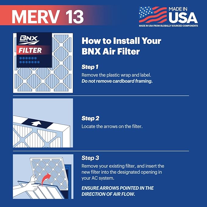 BNX TruFilter 20x20x1 Air Filter MERV 13 (6-Pack) - MADE IN USA - Electrostatic Pleated Air Conditioner HVAC AC Furnace Filters for Allergies, Pollen, Mold, Bacteria, Smoke, Allergen, MPR 1900 FPR 10