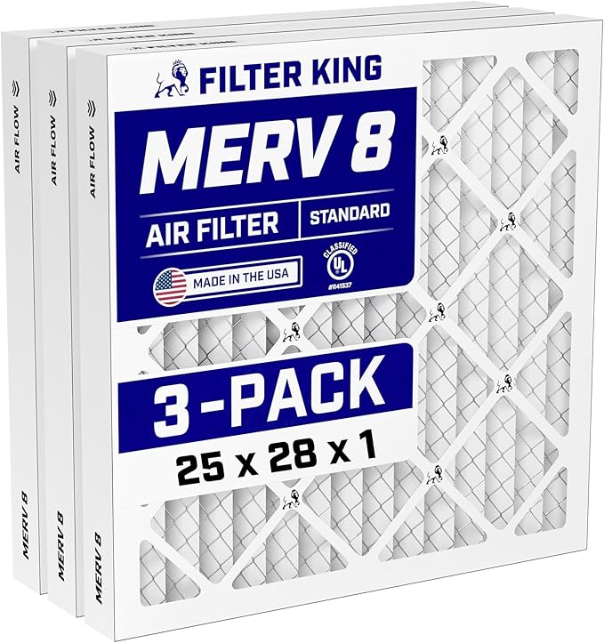 Filter King 25x28x1 Air Filter (MERV 8) (3-Pack) Dust & Allergy Control AC Furnace Filters, MADE IN USA, HVAC, Pleated, Electrostatic (Actual Size: 24.5 x 27.5 x .75)