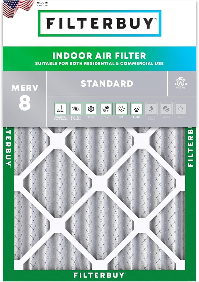 Filterbuy 18x25x2 Air Filter MERV 8 Essential Dust & Allergy Defense (1-Pack), Electrostatic Pleated HVAC AC Furnace Filters Replacement, Made in USA (Actual Size: 17.50 x 24.50 x 1.75)