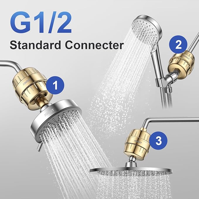 25 Stages Shower Filter with 3 Cores - Maximize Shower Sediment Filtration & Reduce 97.45% Chlorine in Shower Water - For Softer Skin & Shinier Hair - Gold