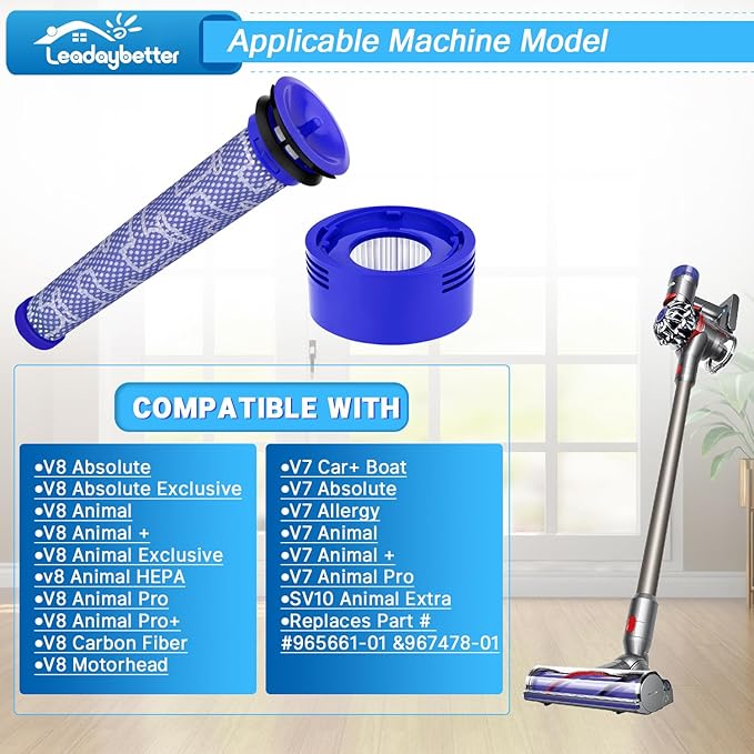 Leadaybetter Vacuum Filter Replacement for Dyson V7 V8 SV10 Animal Absolute Stick Cordless Vac Cleaner, 3 Post & 3 Pre Filters, Compare to Part # 965661-01 & 967478-01