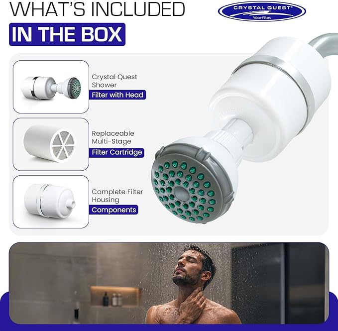 Crystal Quest Shower Filter with Head, Shower Head Filter for Hard Water, Shower Water Filter Removes Chlorine, chloramines & VOCs, Filter Shower Head, Improves Skin & Hair, Long-Lasting - White