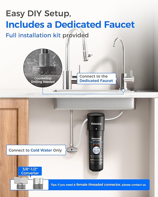 Waterdrop 10UB Under Sink Water Filter System, Reduces PFAS, PFOA/PFOS, Lead, Chlorine, Bad Taste & Odor, NSF/ANSI 42 Certified, Under Sink Water Filter with Faucet, 1 Year