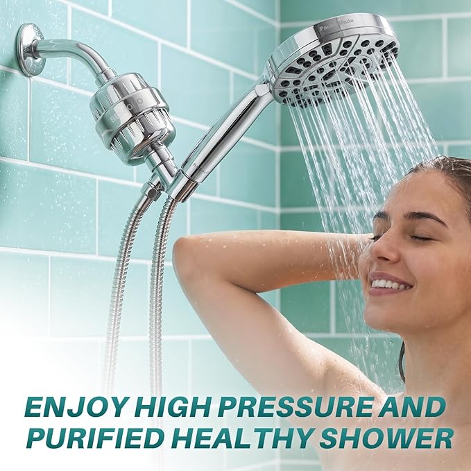 BESAQUO Shower Filter Head for Hard Water, Remove Chlorine, Heavy Metals, for Softer Skin, Shinier Hair and Stronger nails, with 20 Filtration Stages (Premium Chrome)