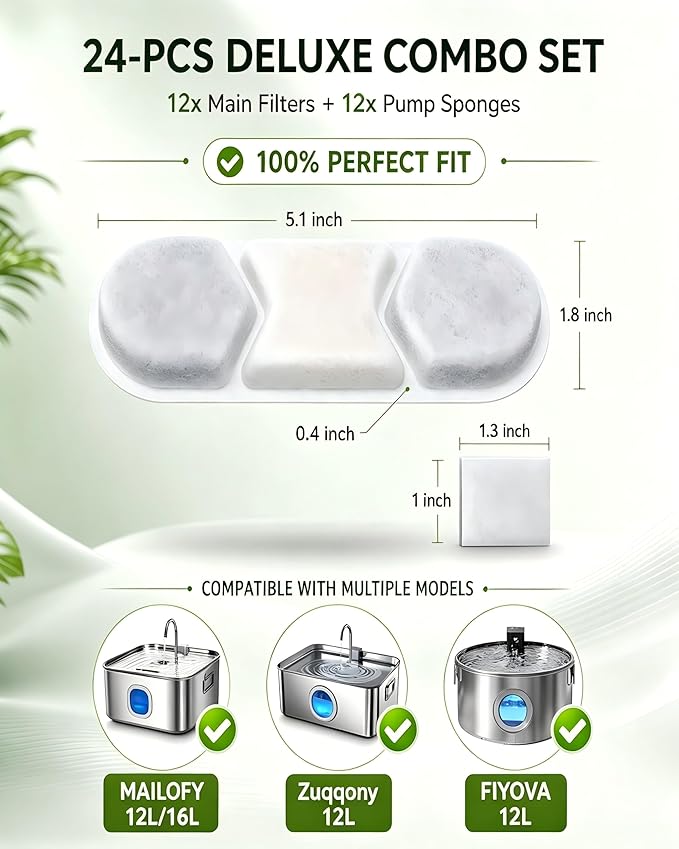12 Pack Dog Water Fountain Filters Replacement Compatible with Zuqqony DYSJ01 12L MAILOFY WF120 WF160 FIYOVA Stainless Steel Automatic Pet Dispenser, 5-Layer Water Softener Carbon Filter, 6-Month Set